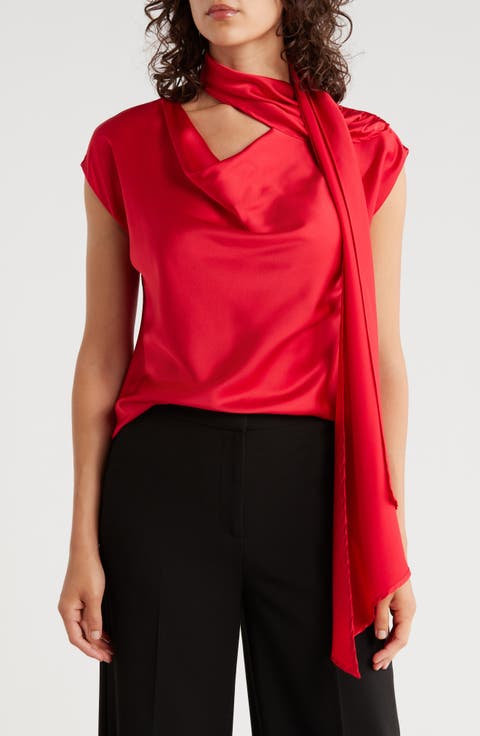 Cap Sleeve Satin Top with Scarf