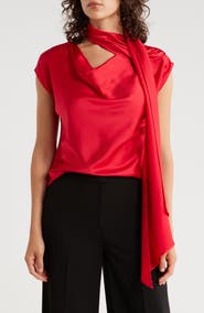 Renee C Cap Sleeve Satin Top with Scarf