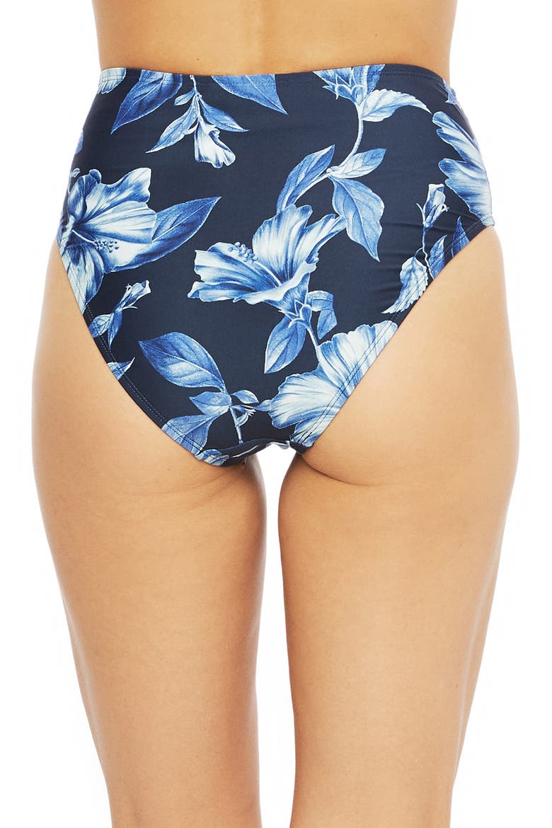 High Waist Shirred Bikini Bottoms, Alternate, color, BLUE MOON/ CORAL MULTI