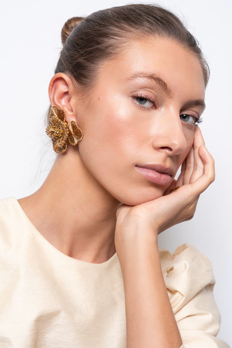 Silk Flower Statement Earrings in Gold, Alternate, color, Gold