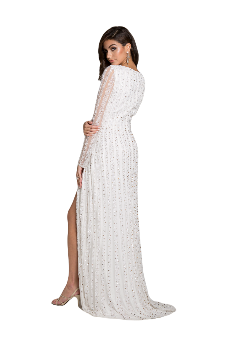 Blair Long-Sleeve Beaded Surplice Sheath Gown, Alternate, color, White