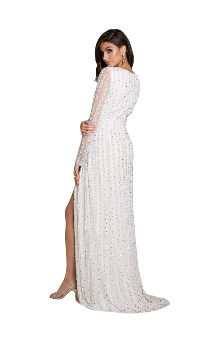LARA New York Blair Long-Sleeve Beaded Surplice Sheath Gown, Alternate, color, White