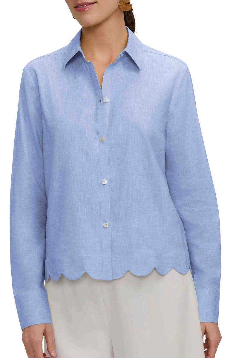 Foxcroft Scarlett Scallop Hem Linen Blend Button-Up Shirt, Main, color, Powder Blue