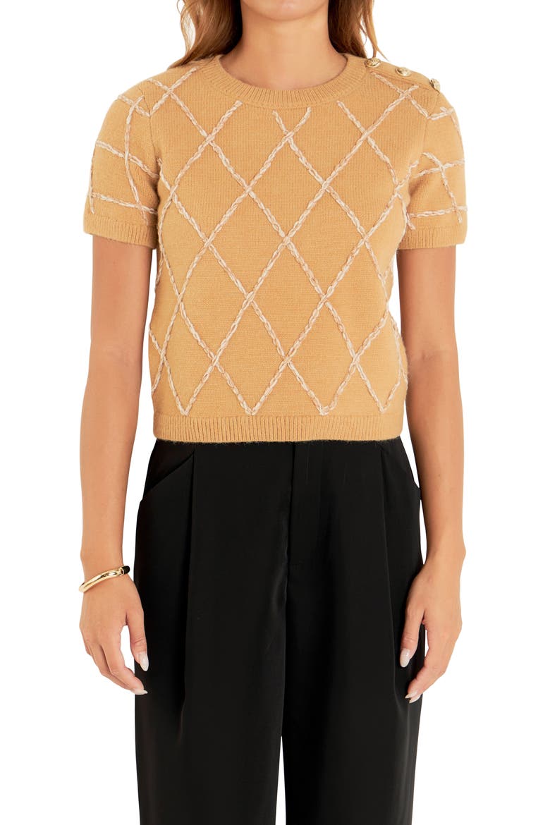 Diamond Pattern Short Sleeve Sweater, Main, color, CAMEL