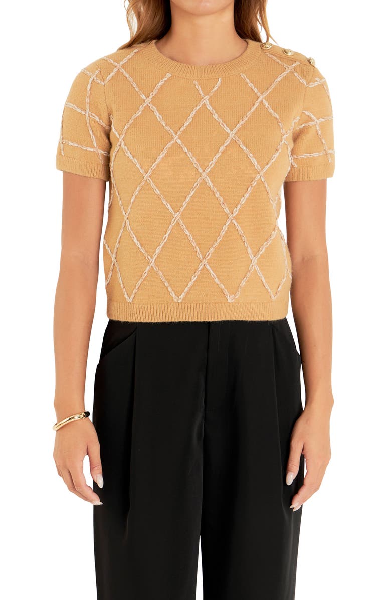 Endless Rose Diamond Pattern Short Sleeve Sweater, Main, color, Camel