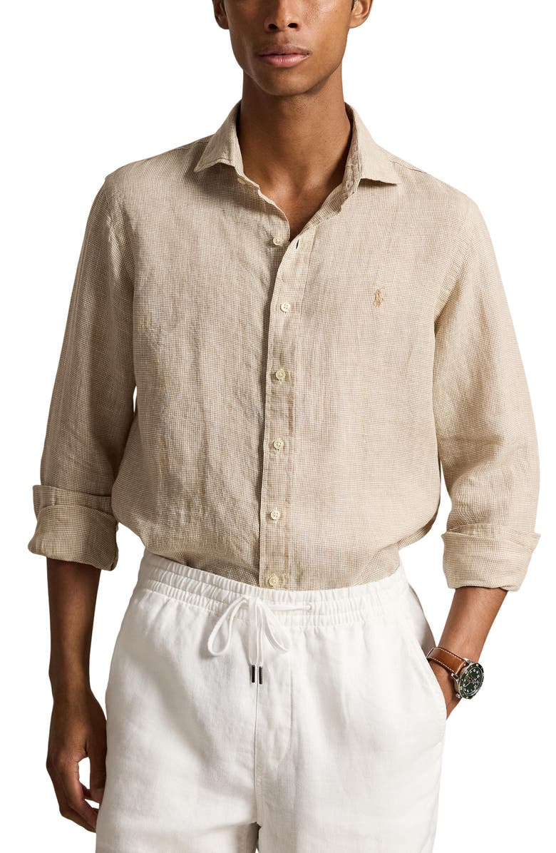 Polo Ralph Lauren Classic Fit Houndstooth Linen Button-Up Shirt, Main, color, 6555H Coastal Beige/White
