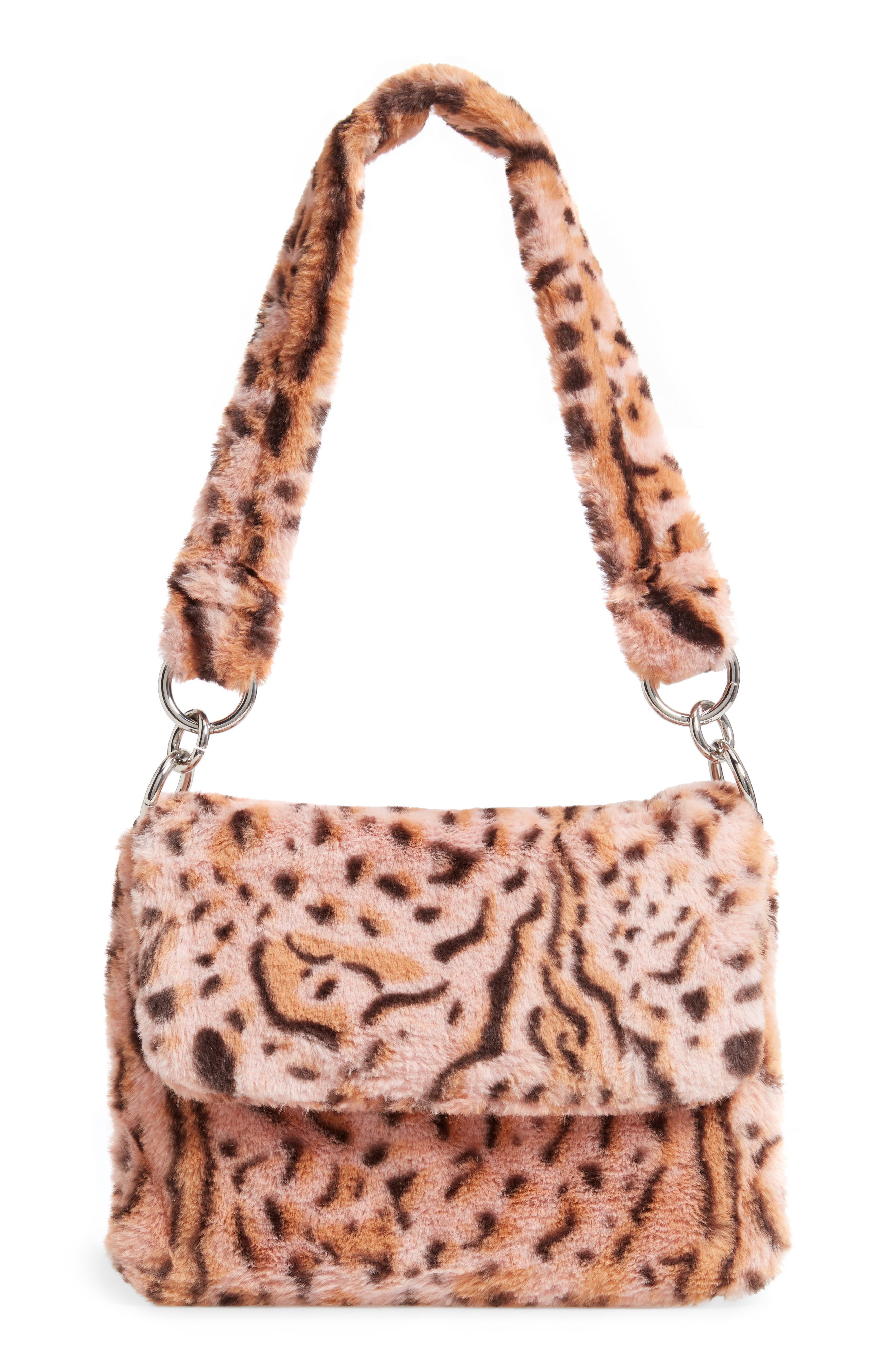 Topshop Teddy Leopard Print Faux Fur Shoulder Bag, Main, color, 