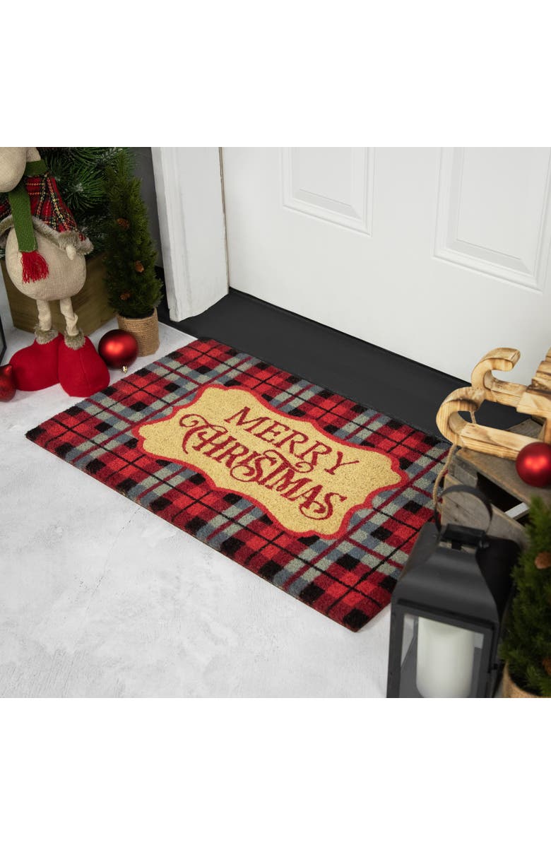 Northlight Plaid "Merry Christmas" Outdoor Coir Doormat - 18" x 30" - Black and Red, Alternate, color, Red