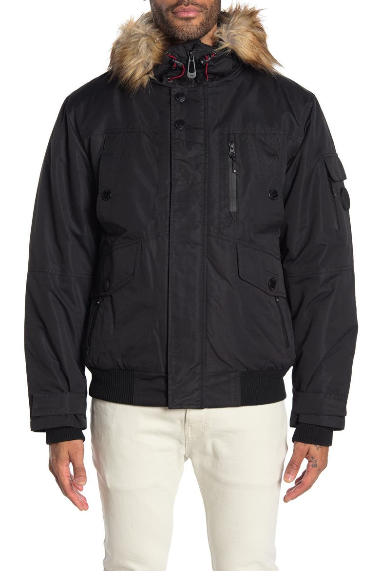 Faux Fur Hooded Bomber Jacket, Alternate, color, BLACK