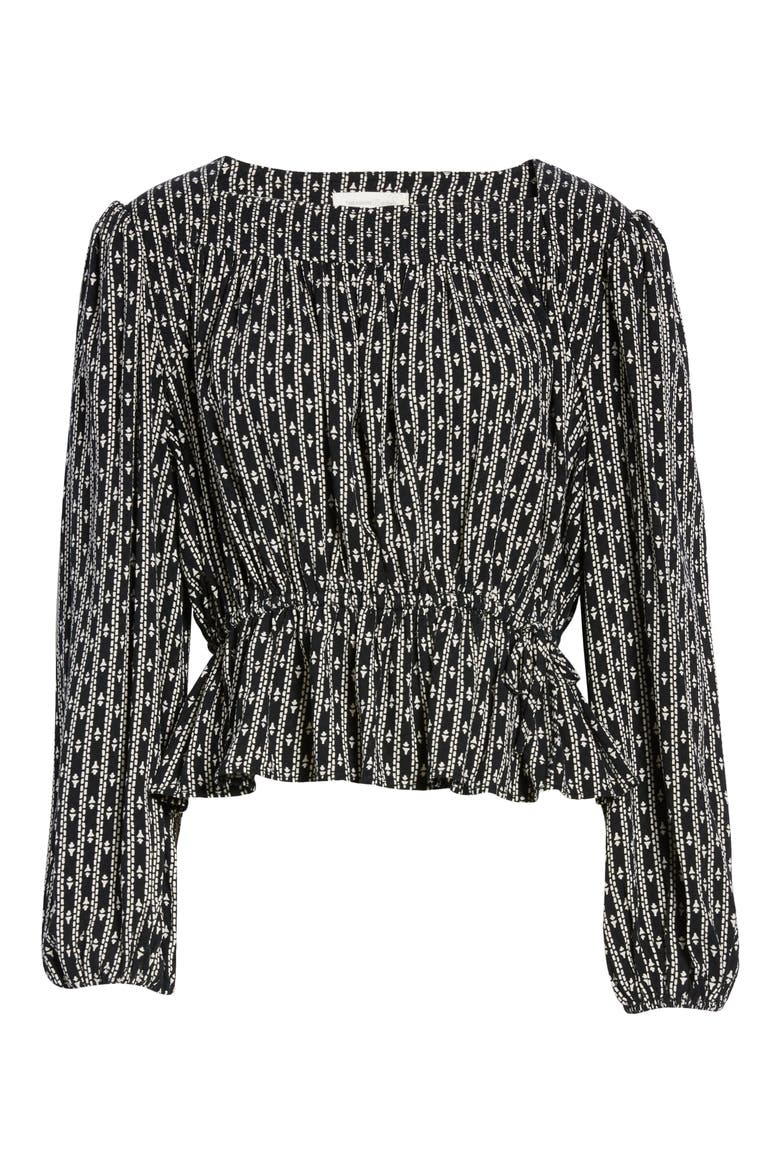 Long Sleeve Peplum Top, Alternate, color, BLACK TICKING FOULARD