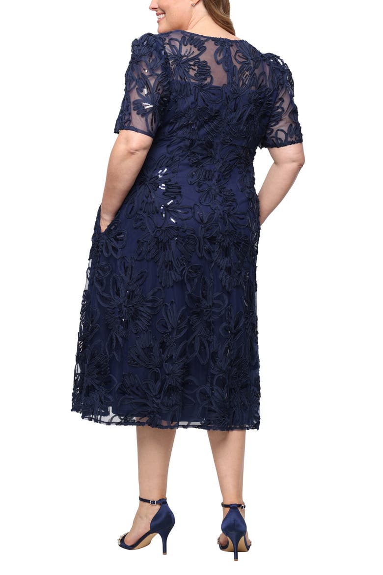 Embroidered Sequin Soutache A-Line Midi Cocktail Dress, Alternate, color, NAVY