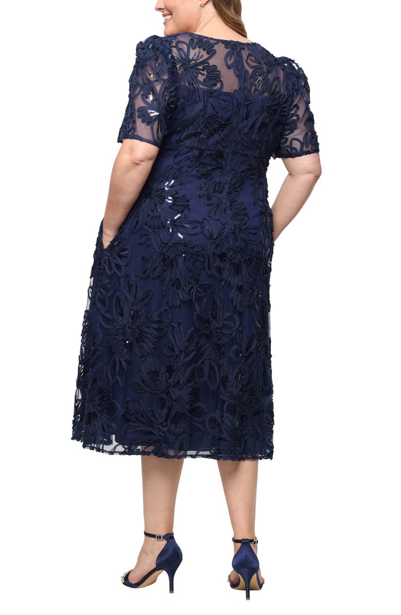 Alex Evenings Embroidered Sequin Soutache A-Line Midi Cocktail Dress, Alternate, color, Navy