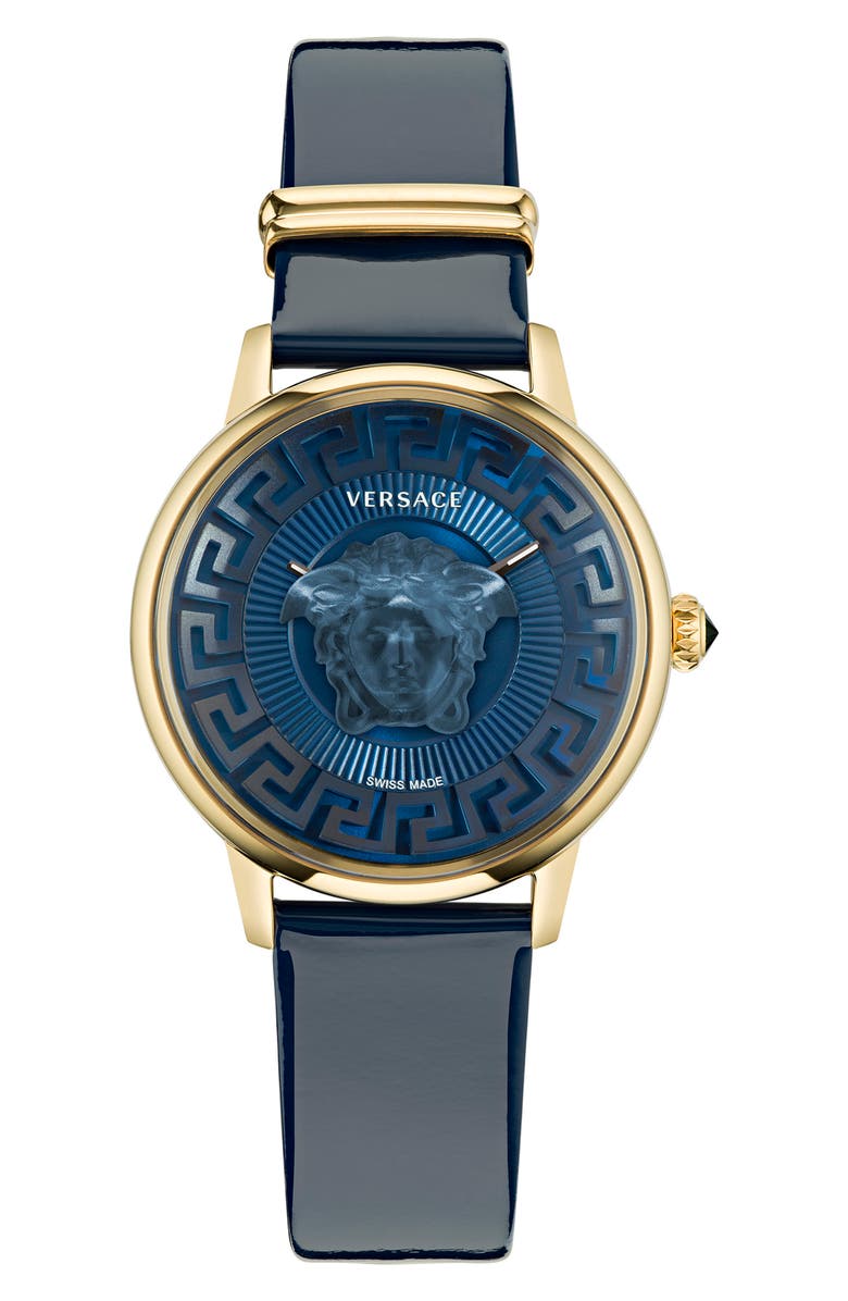 Versace Medusa Alchemy Leather Strap Watch, 38mm, Main, color, Ip Yellow Gold