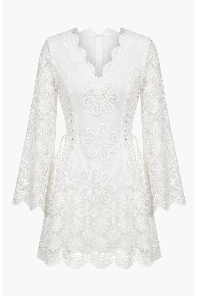 Floral Applique Long Sheer Sleeve Lace-Up Mini Dress, Alternate, color, White