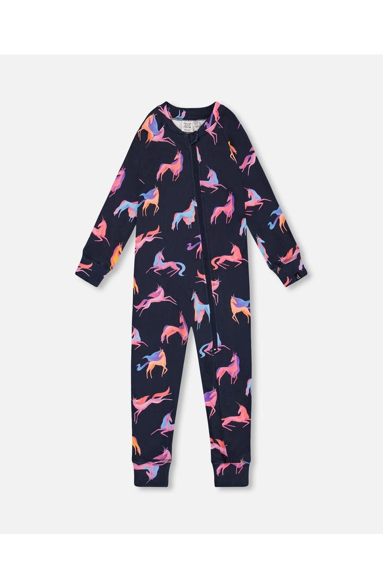 Deux par Deux Baby Girl's One Piece Thermal Underwear Navy Printed Unicorn, Main, color, 