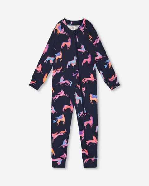 Two Piece Thermal Underwear Navy With Printed Roses