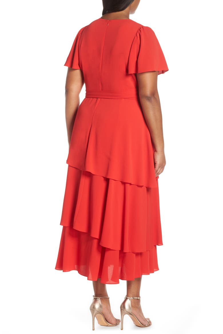 Tiered Faux Wrap Crepe Dress, Alternate, color, TOMATO