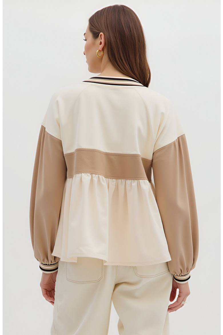Colorblock V-Neck Top with Peplum Hem, Alternate, color, Beige