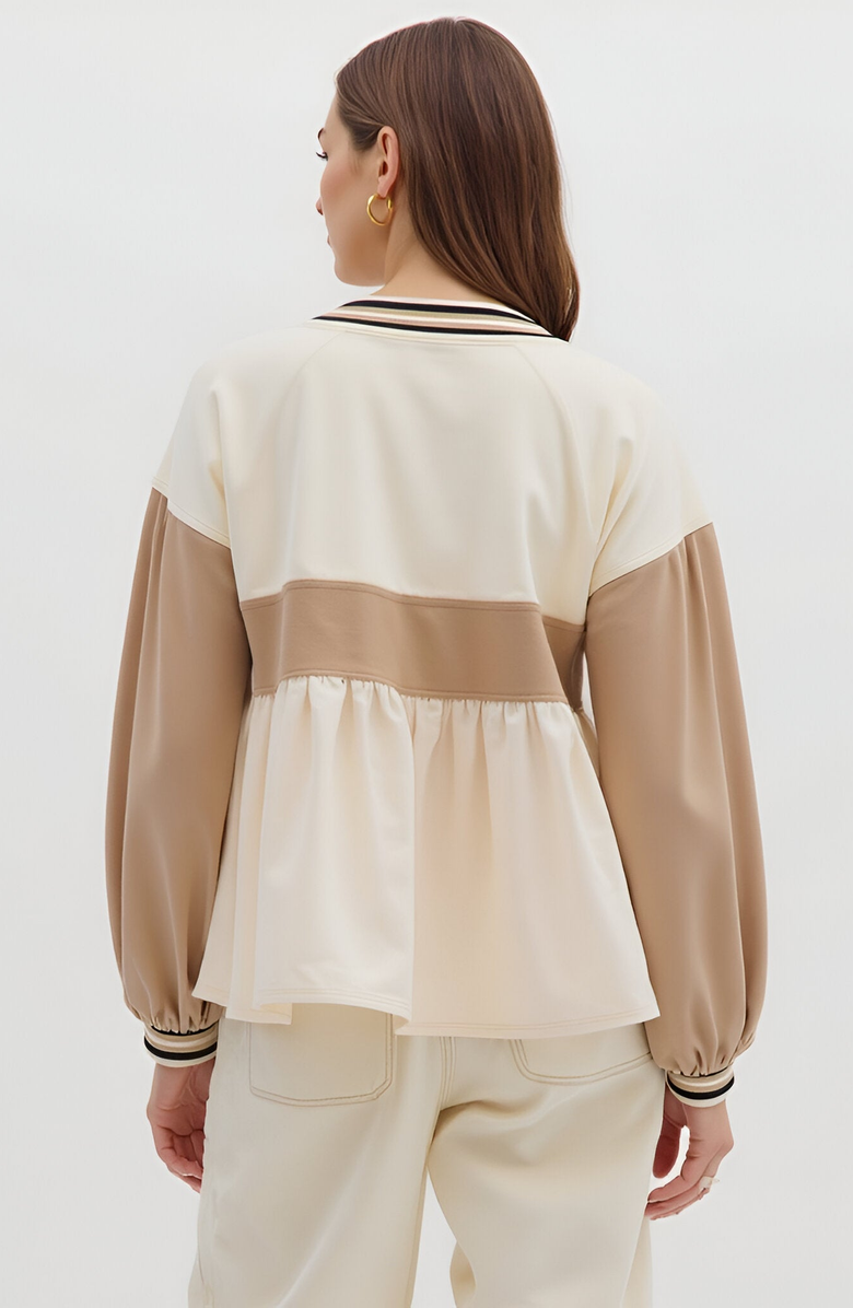 Modenaire Colorblock V-Neck Top with Peplum Hem, Alternate, color, Beige