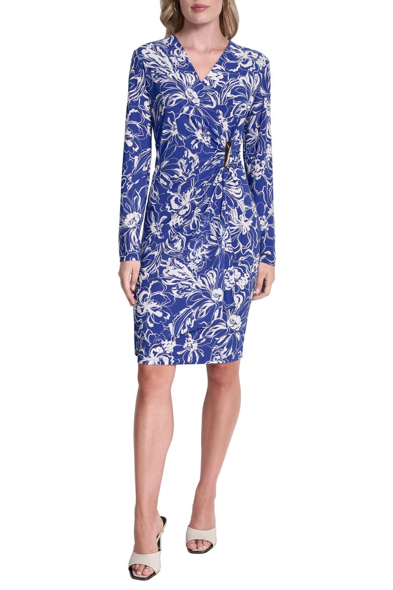 Long Sleeve Faux Wrap Dress, Main, color, ATLANTIC BLUE
