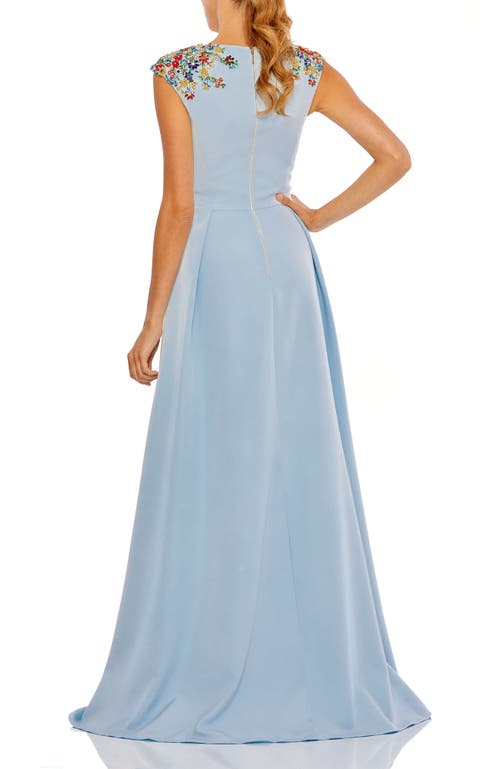Mac Duggal Beaded Cap Sleeve V Neck A Line Gown In French Blue