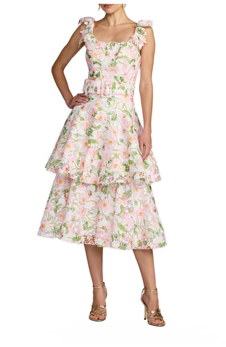 Mac Duggal Lace Tiered Ruffle Midi Dress With Belt, Main, color, White Multi