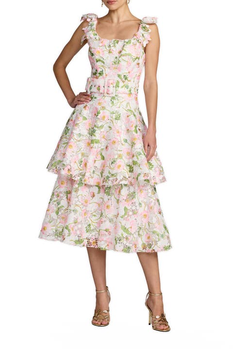 Lace Tiered Ruffle Midi Dress With Belt