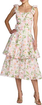 Mac Duggal Lace Tiered Ruffle Midi Dress With Belt