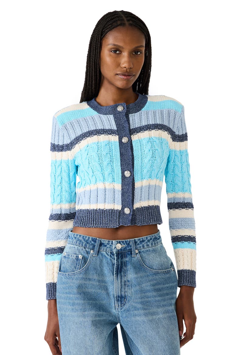 Eviee Crop Cotton Blend Cable Cardigan, Alternate, color, BLUE MULTI