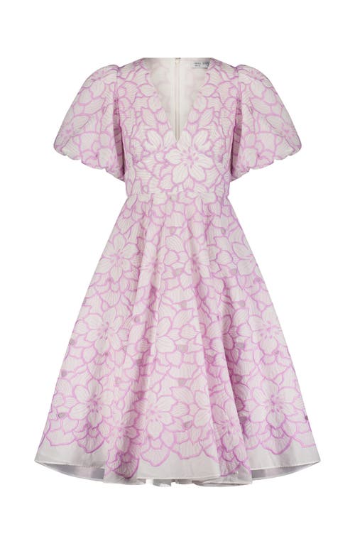 Mac Duggal Puff-sleeve V-neck A-line Knee-length Dress In Orchid White