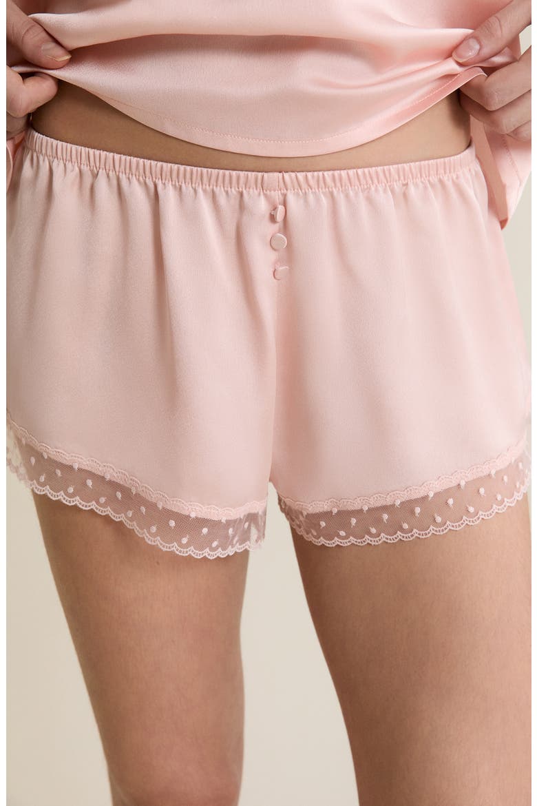 Plume Lace Trim Satin Shorts, Alternate, color, POWDER PINK