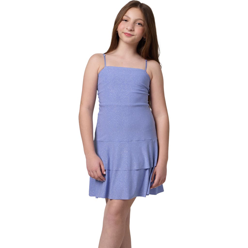 Un Deux Trois Glitter Bow Back Tiered Dress In Blue
