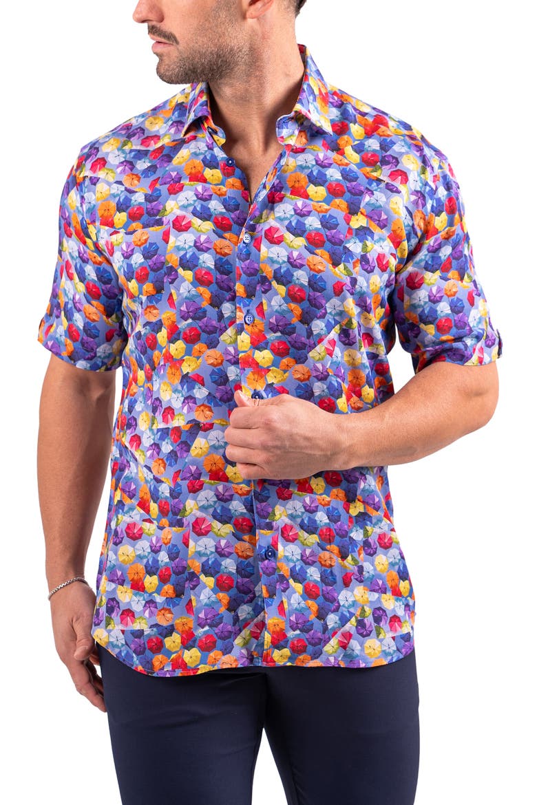 Galileo Resistance Umbrella Print Short Sleeve Button-Up Shirt, Alternate, color, BLUE