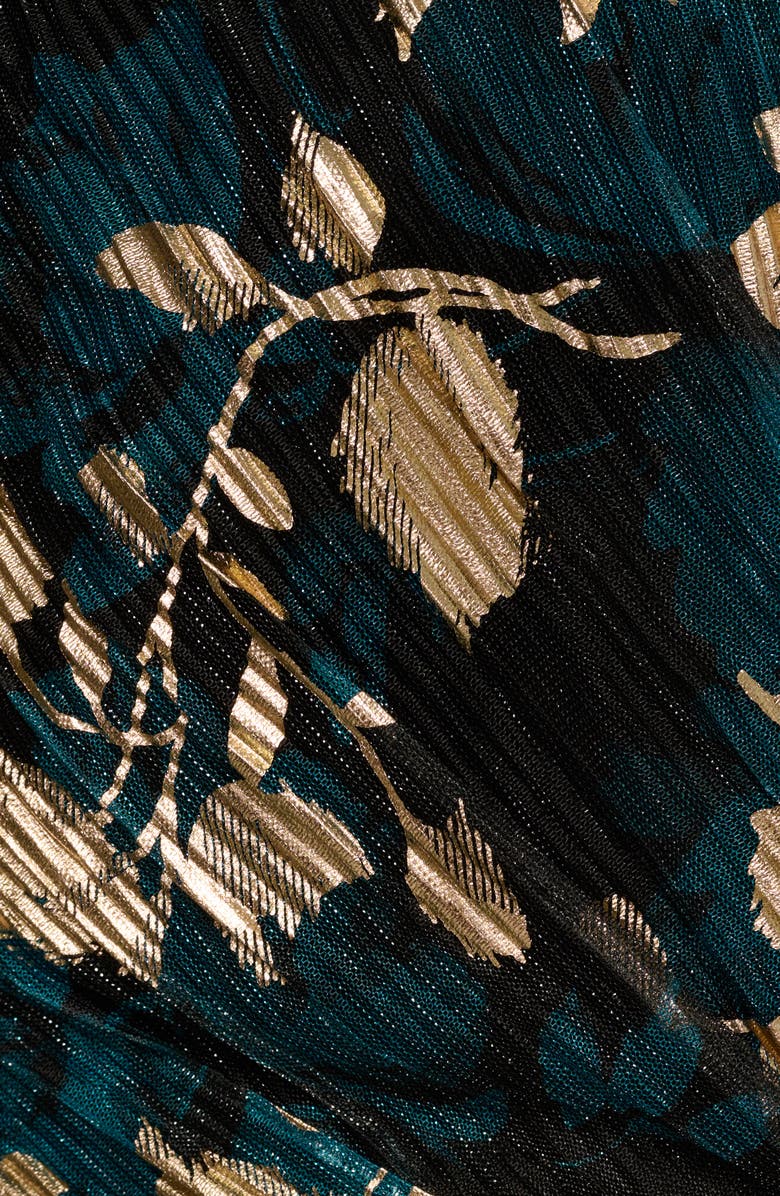 Adrianna Papell Long Sleeves Crinkle Foil Faux Wrap Dress, Alternate, color, Teal Sapphire/ Gold