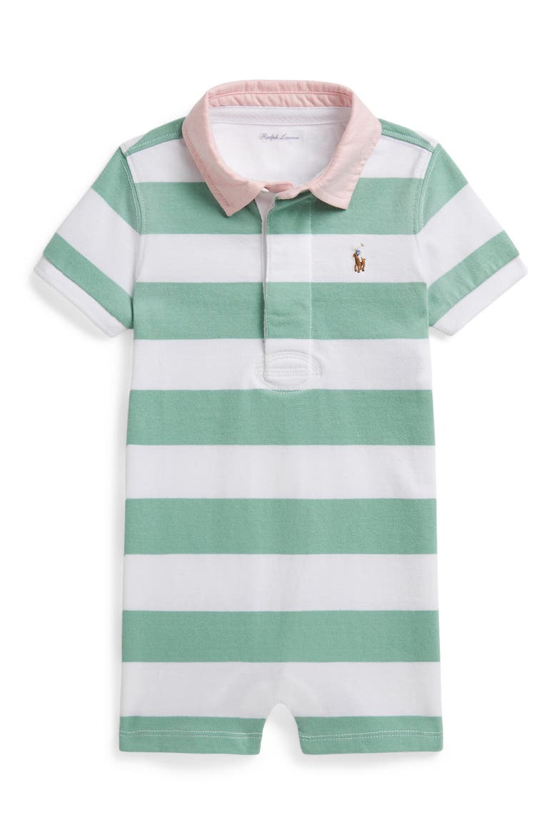 Rugby Stripe Cotton Jersey Romper, Main, color, CELADON MULTI