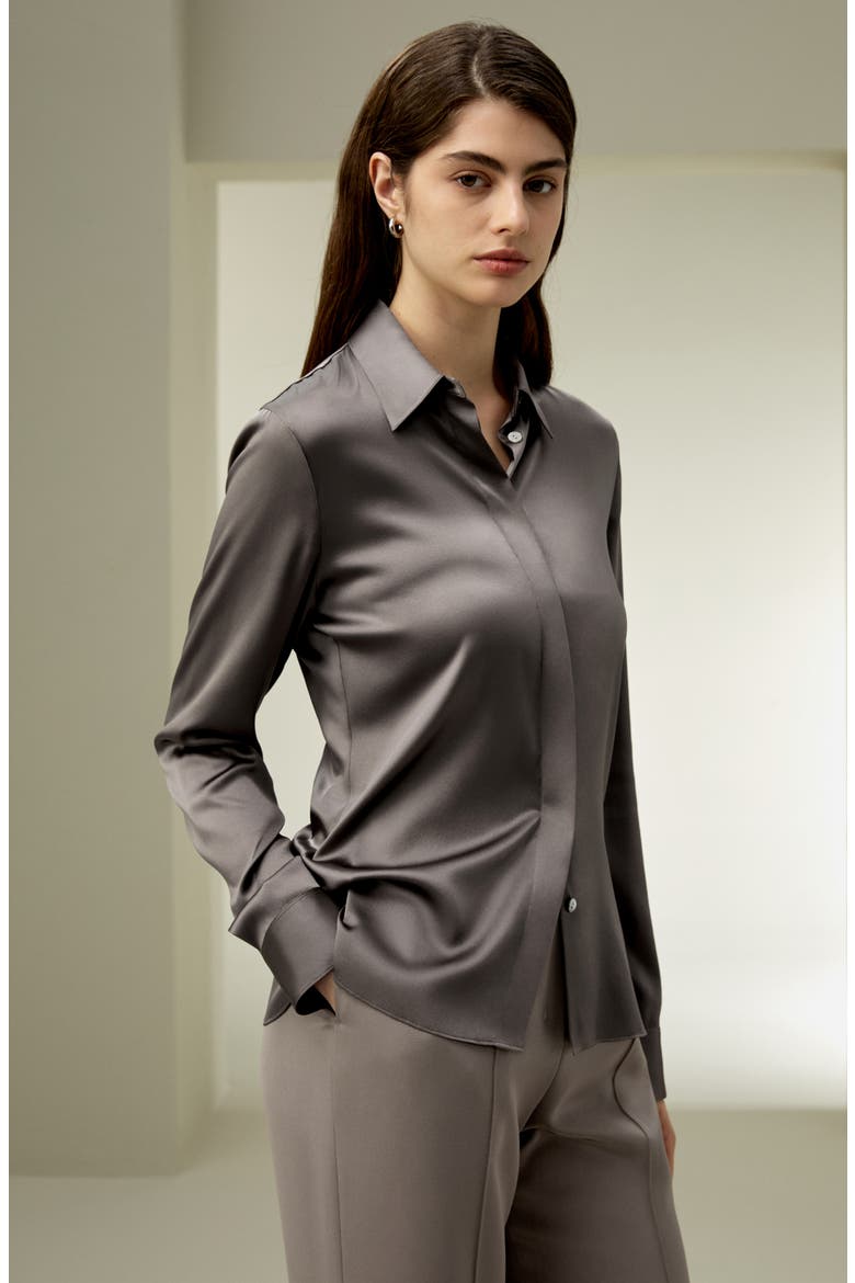 Women's Elegant Silhouette Slim Fit Silk Shirt, Alternate, color, Mercury