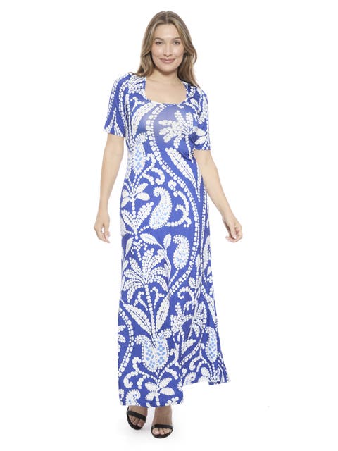 Womens Essential Paisley Scoop Neck Elbow Sleeve A-Line Maxi Dress