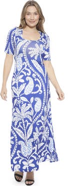 24seven Comfort Apparel Womens Essential Paisley Scoop Neck Elbow Sleeve A-Line Maxi Dress