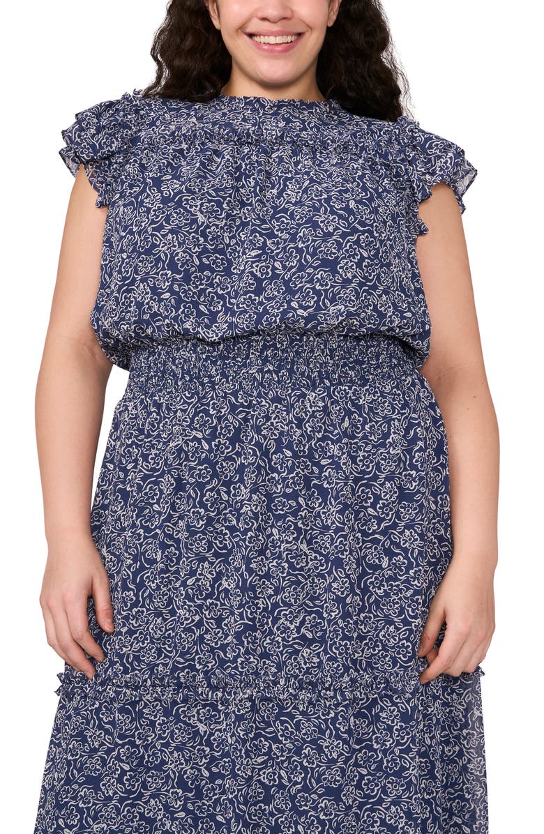 CeCe Print Flutter Sleeve Smocked Midi Dress, Alternate, color, Ocean Blue