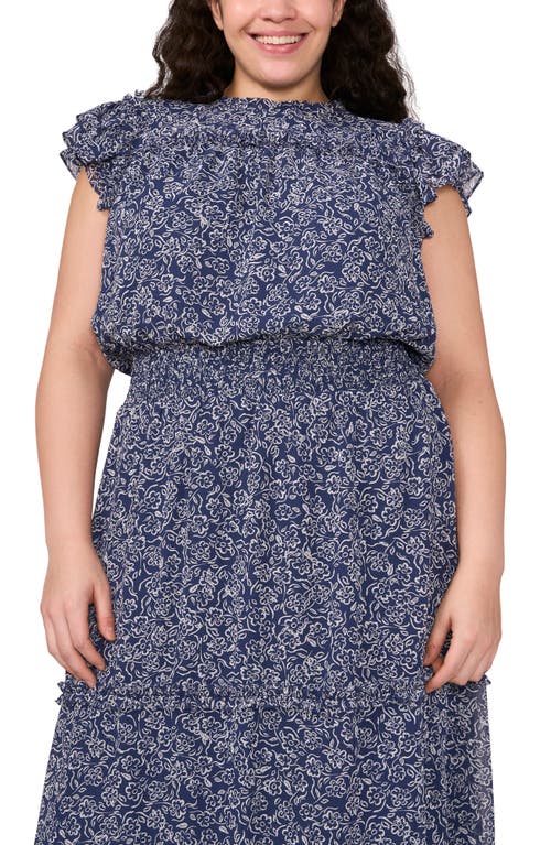 CECE CECE PRINT FLUTTER SLEEVE SMOCKED MIDI DRESS
