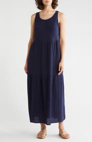 Eileen Fisher Sleeveless Organic Cotton Gauze Tiered Maxi Dress