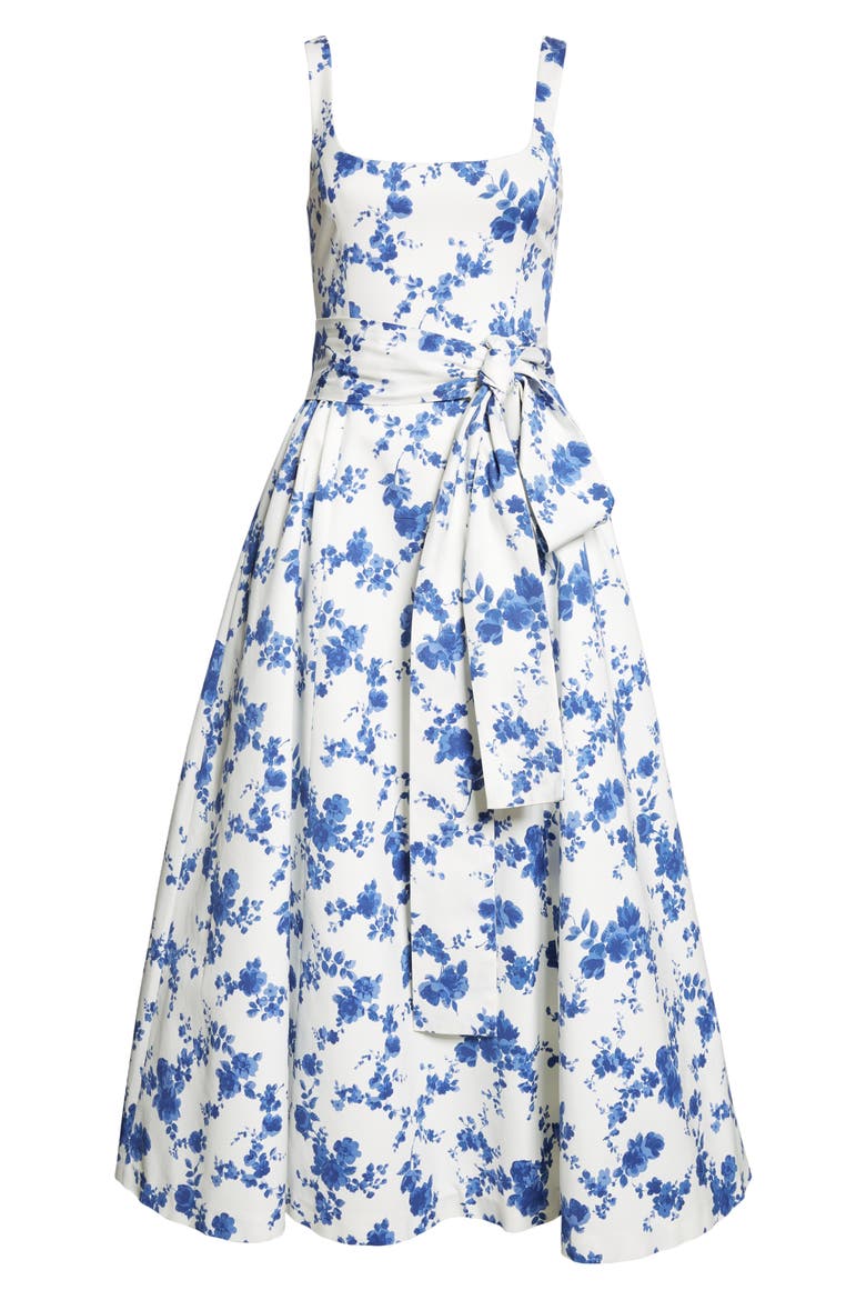 Floral Print Belted Faille Midi Dress, Alternate, color, WHITE MULTI