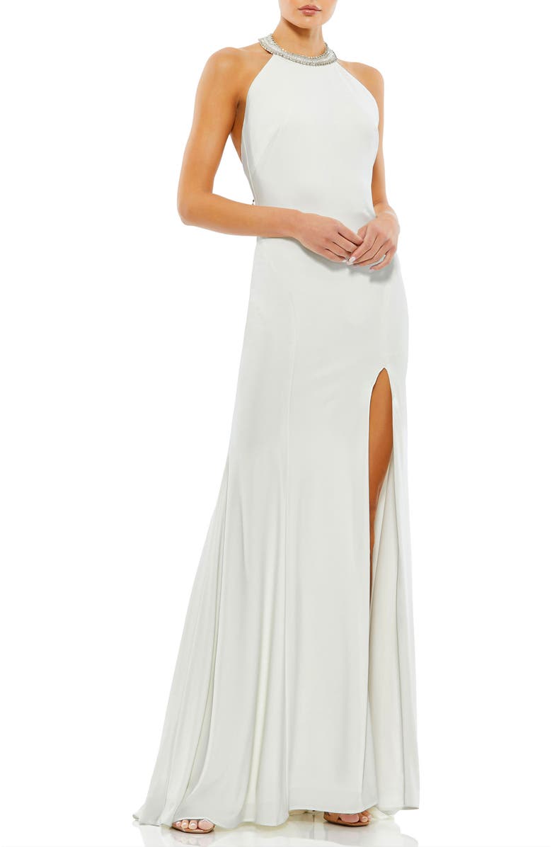 Mac Duggal Embellished Halter Jersey Evening Gown, Main, color, White