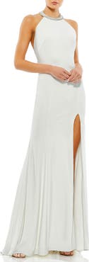 Mac Duggal Embellished Halter Jersey Evening Gown