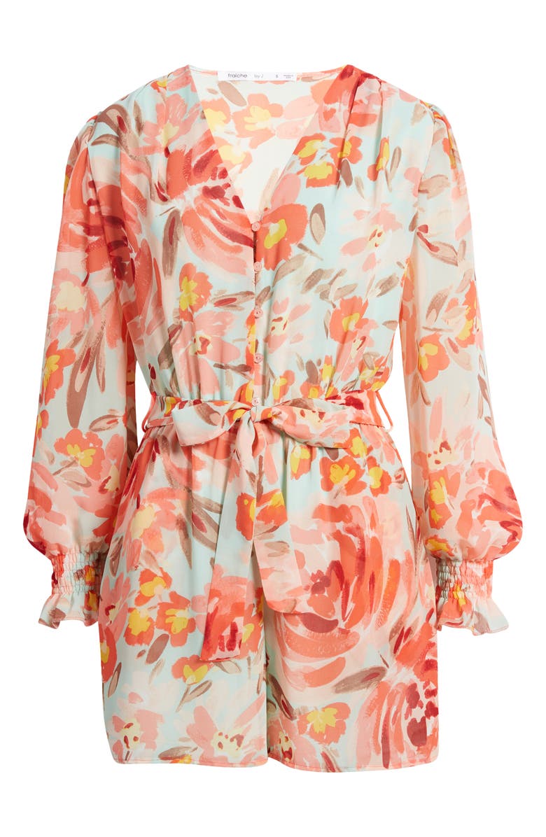 Fraiche by J Sarah Floral Long Sleeve Tie Waist Romper, Alternate, color, 