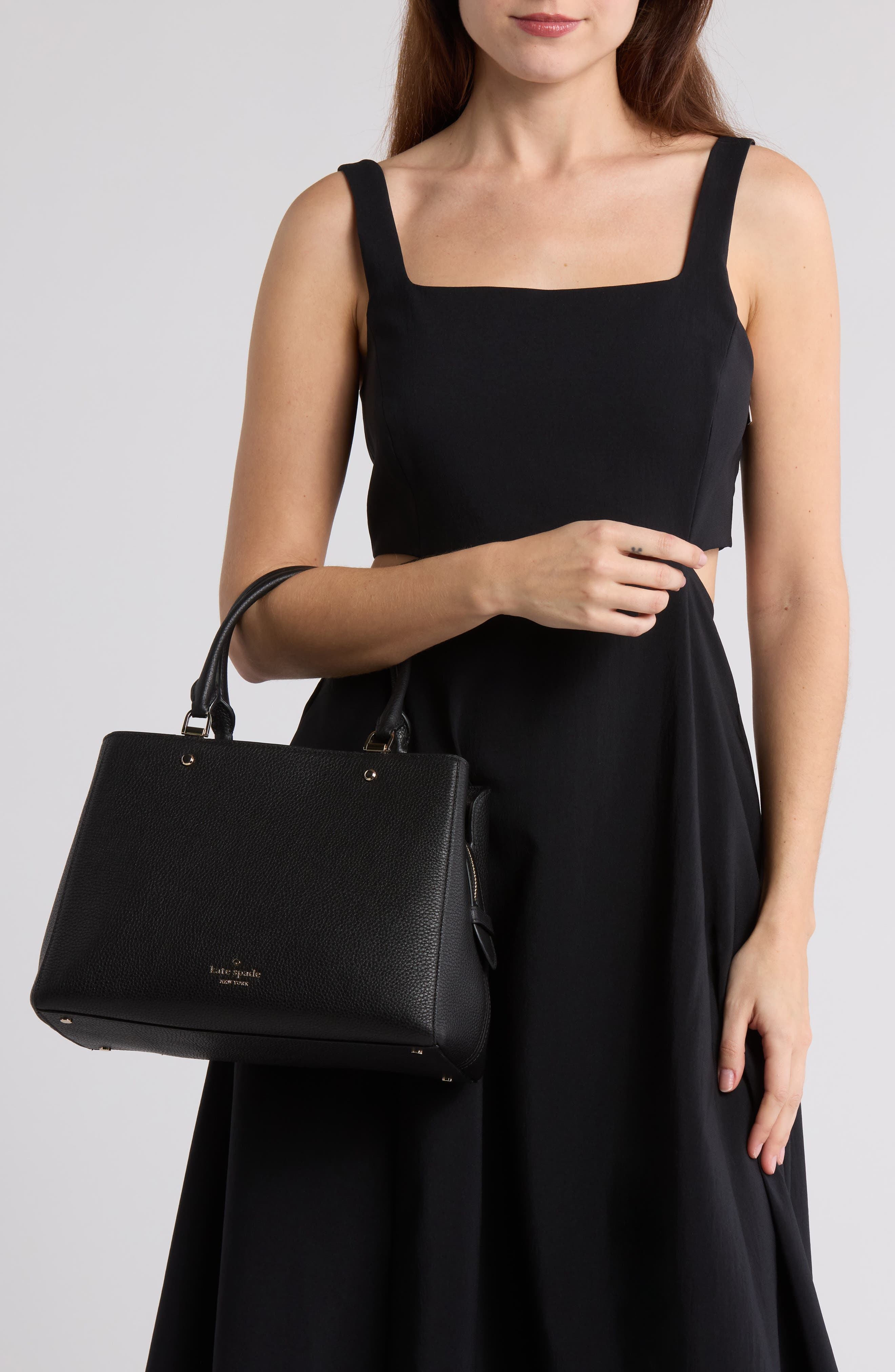 medium pebble leather satchel, Alternate, color, BLACK