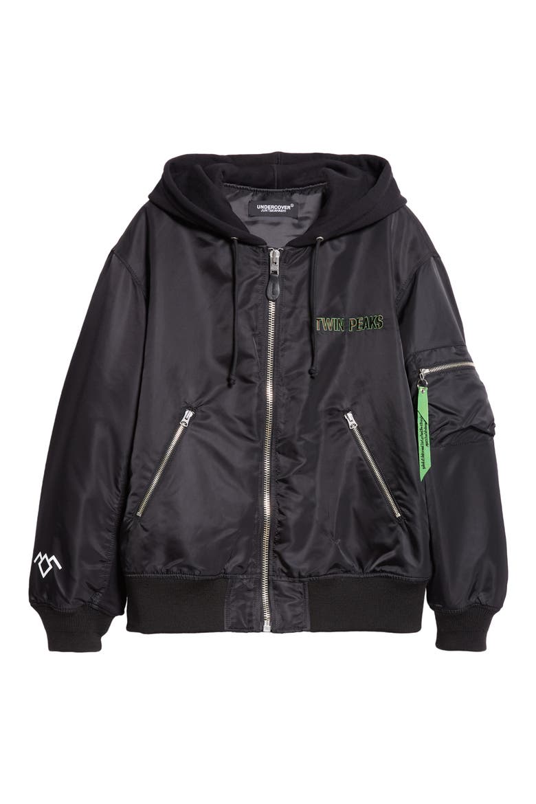 'Twin Peaks' Hooded Bomber Jacket, Alternate, color, BLACK
