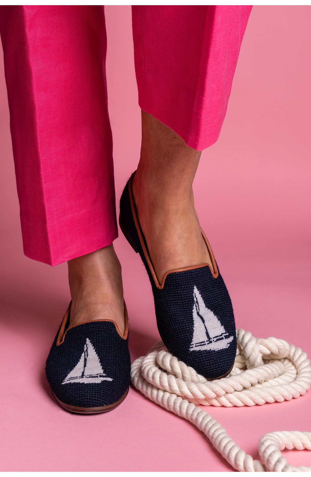 ByPaige BY PAIGE Needlepoint Sailboat Flat, Alternate, color, White/ Navy