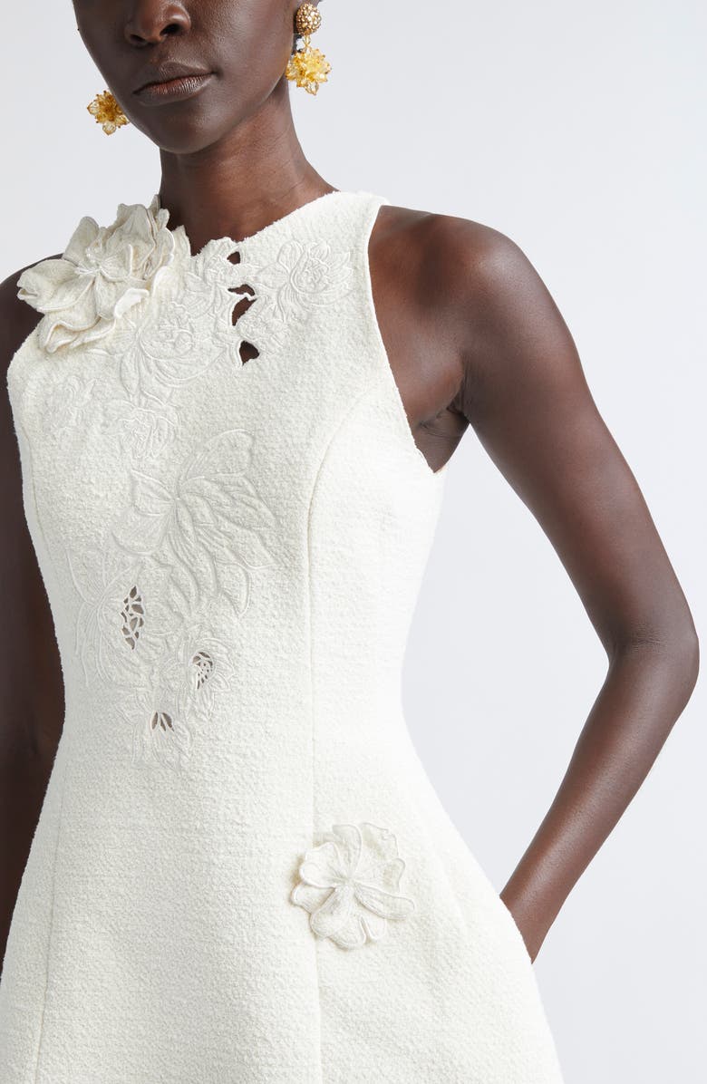 Oscar de la Renta Floral Embroidered Tweed Minidress, Alternate, color, Ivory