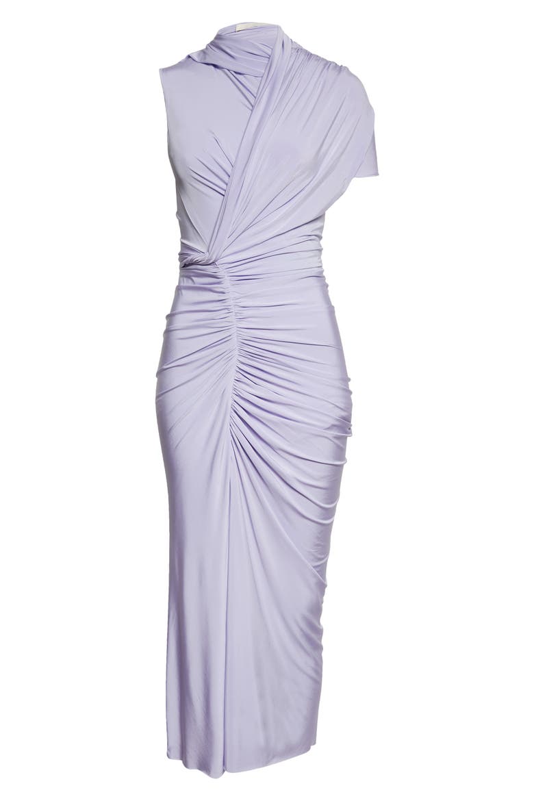 Ruched One-Sleeve Draped Jersey Midi Dress, Alternate, color, IRIS